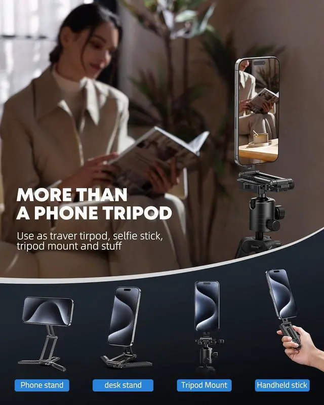 Alt view image 6 of 7 - Magnetic Pocket Phone Tripod Foldable Compatible with Magsafe for iPhone 16/15/14/13/12 Plus Pro Max Series, MG03 PRO Aluminium Smartphone Mini Tripod Cell Phone Stand Magnet Quick Mount