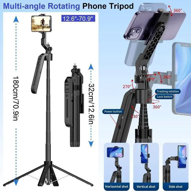 Alt view image 4 of 6 - Auto Face Tracking Tripod for iPhone, 360° Rotation Motion Sensor Phone Tripod Stand, 71" Extendable Smart Tracking Phone Holder Selfie Stick Tripods for iPhone Phones Camera Mount for Video Vlog