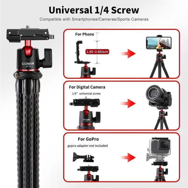 Alt view image 2 of 7 - COMAN Flexible Mini Phone Tripod, Waterproof Stand for Camera GoPro, Hidden Cell Phone Mount, Portable Travel Tripod for Video Recording Vlogging Selfie