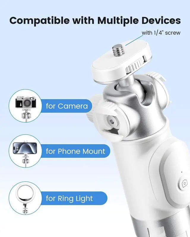 Alt view image 2 of 6 - Vlogging Tripod for Phone and Camera, 48" Phone Tripod Stand with 3 Cold Shoes for Lights and Microphones (Both are not Included), Selfie Stick with Remote for Video Recording, White