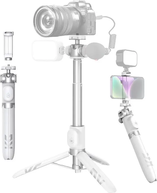 Main image of Vlogging Tripod for Phone and Camera, 48" Phone Tripod Stand with 3 Cold Shoes for Lights and Microphones (Both are not Included), Selfie Stick with Remote for Video Recording, White