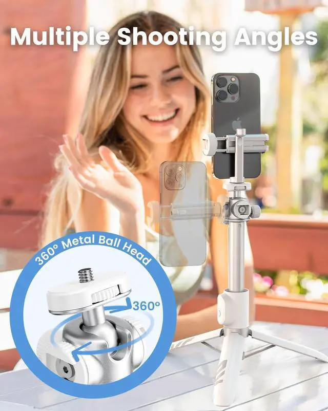 Alt view image 4 of 6 - Vlogging Tripod for Phone and Camera, 48" Phone Tripod Stand with 3 Cold Shoes for Lights and Microphones (Both are not Included), Selfie Stick with Remote for Video Recording, White