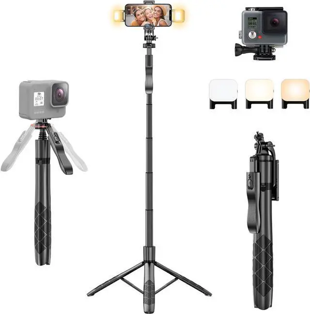 Main image of Selfie Stick Tripod for Phone with Light - 62" Phone Holder for Recording Selfie Stick Tripod Rotating Phone Stand Tall with Light 6 in 1 Selfie Stick with Light Portable Tripod