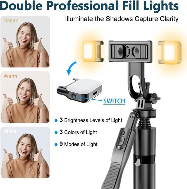 Alt view image 4 of 7 - Selfie Stick Tripod for Phone with Light - 62" Phone Holder for Recording Selfie Stick Tripod Rotating Phone Stand Tall with Light 6 in 1 Selfie Stick with Light Portable Tripod