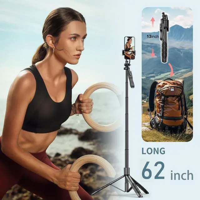 Alt view image 3 of 7 - Selfie Stick Tripod for Phone with Light - 62" Phone Holder for Recording Selfie Stick Tripod Rotating Phone Stand Tall with Light 6 in 1 Selfie Stick with Light Portable Tripod