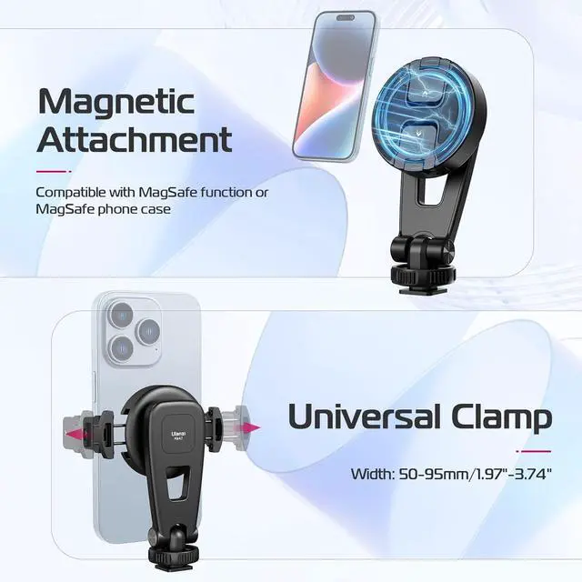 Alt view image 2 of 7 - ULANZI Magnetic iPhone Tripod Mount MA47, Magnet Phone Holder Adapter Tripod Clamp Compatible with MagSafe for iPhone 12 13 14 15 16 Plus Pro Max All Series and More