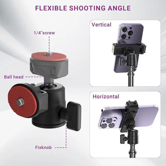 Alt view image 4 of 7 - 67" Camera Tripod Stand, Compact Tripod for Camera with Phone Holder & Ball Head, Portable Aluminum DSLR Tripods for Cell Phone, Video Recording, Filming, Vlogging