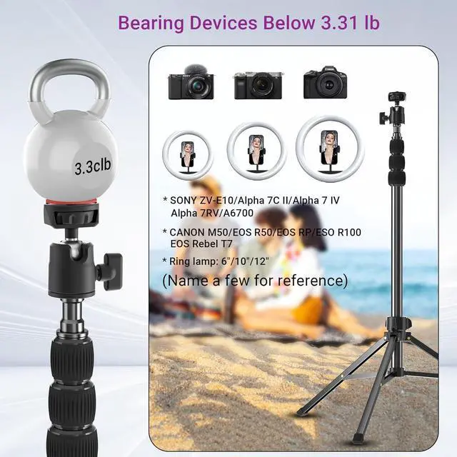 Alt view image 6 of 7 - 67" Camera Tripod Stand, Compact Tripod for Camera with Phone Holder & Ball Head, Portable Aluminum DSLR Tripods for Cell Phone, Video Recording, Filming, Vlogging