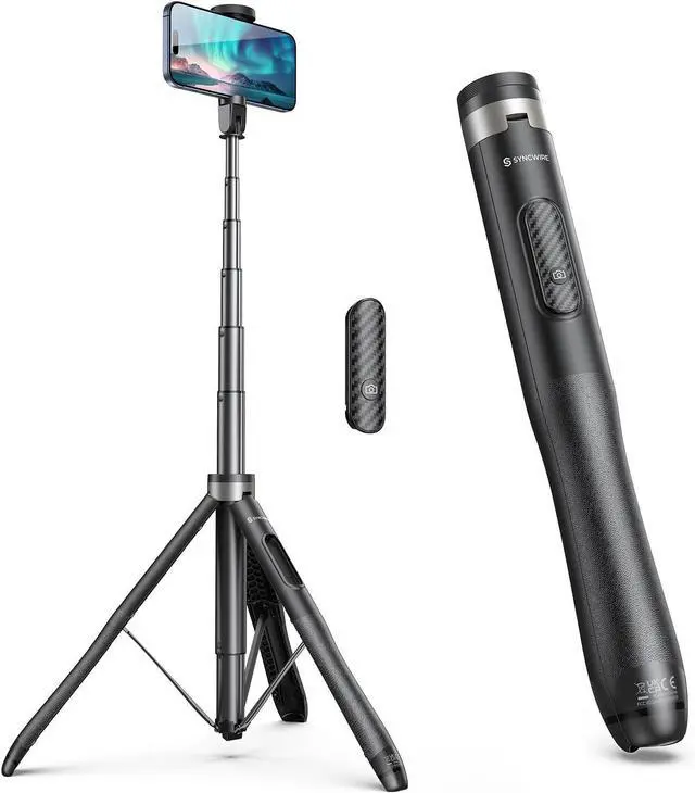 Main image of SYNCWIRE 53.5" Phone Tripod, Selfie Stick Tripod with Bluetooth Remote, All-in-One Aluminum Phone Tripod Stand for 4-7 iPhone and Android Smartphones, Black