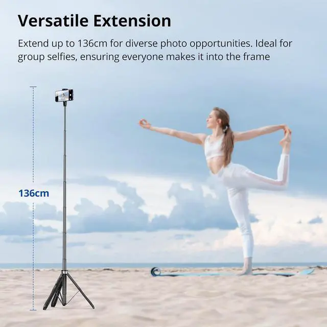 Alt view image 2 of 7 - SYNCWIRE 53.5" Phone Tripod, Selfie Stick Tripod with Bluetooth Remote, All-in-One Aluminum Phone Tripod Stand for 4-7 iPhone and Android Smartphones, Black