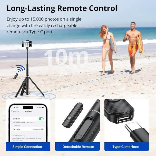 Alt view image 3 of 7 - SYNCWIRE 53.5" Phone Tripod, Selfie Stick Tripod with Bluetooth Remote, All-in-One Aluminum Phone Tripod Stand for 4-7 iPhone and Android Smartphones, Black