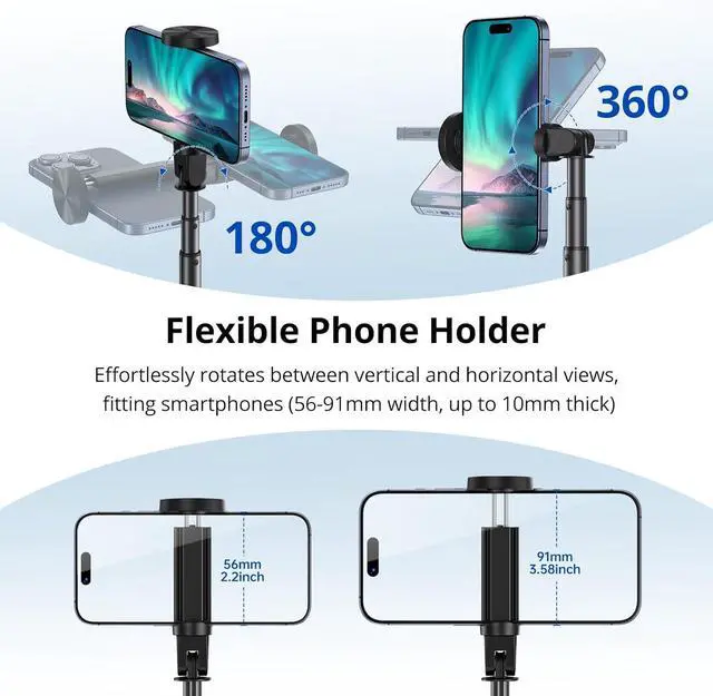 Alt view image 4 of 7 - SYNCWIRE 53.5" Phone Tripod, Selfie Stick Tripod with Bluetooth Remote, All-in-One Aluminum Phone Tripod Stand for 4-7 iPhone and Android Smartphones, Black
