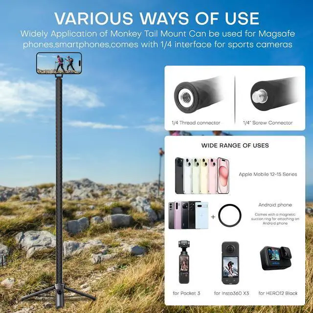 Alt view image 7 of 7 - REYGEAK Magnetic Phone Holder with 1/4 Screw Flexible Tripod Phone Stand Stick Pole for Magsafe iPhone Samsung Android Cellphones Bendable Phone Holder Bike Tube Bar Clamp Mount(20.4 in)