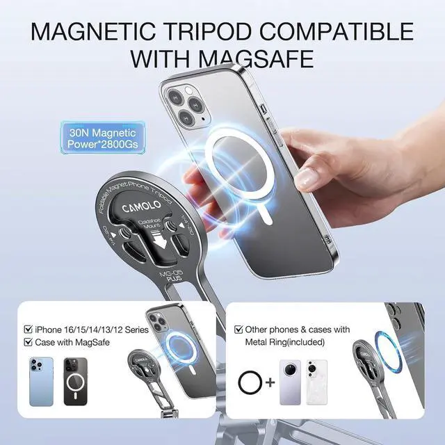 Alt view image 5 of 7 - Magnetic Pocket Phone Tripod Foldable Compatible with Magsafe for iPhone 15/14/13/12 Plus Pro Max Series, MG-05 Plus Cell Phone Tripod Mount Handle Smartphone Desk Stand Travel All in One