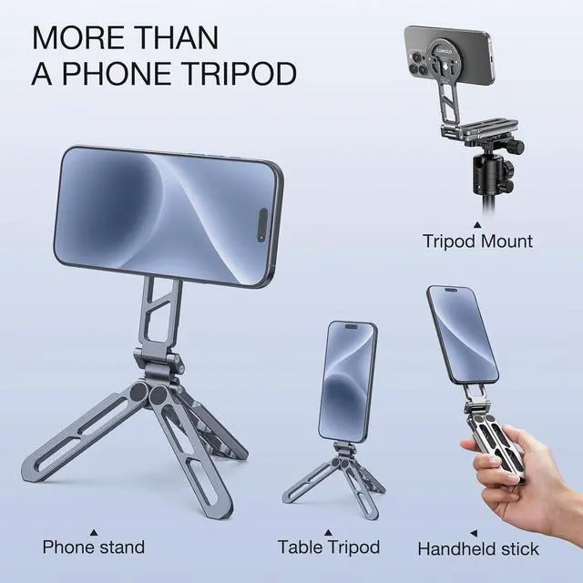 Alt view image 6 of 7 - Magnetic Pocket Phone Tripod Foldable Compatible with Magsafe for iPhone 15/14/13/12 Plus Pro Max Series, MG-05 Plus Cell Phone Tripod Mount Handle Smartphone Desk Stand Travel All in One