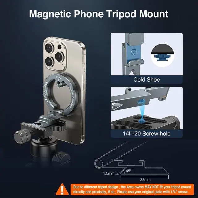 Alt view image 3 of 7 - Magnetic Phone Tripod Mount Mini Compatible with Magsafe iPhone 16/15/14/13 Series, MG-01 Aluminum Tripod Mount Adapter with 1/4-20 & Cold Shoe