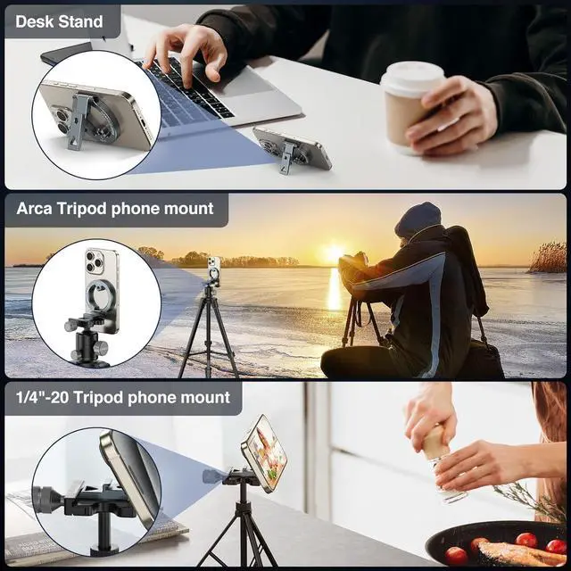 Alt view image 7 of 7 - Magnetic Phone Tripod Mount Mini Compatible with Magsafe iPhone 16/15/14/13 Series, MG-01 Aluminum Tripod Mount Adapter with 1/4-20 & Cold Shoe