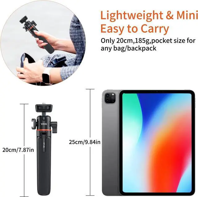 Alt view image 7 of 7 - VRIG 20.1" Mini Extendable Camera Tripod 360° Ball Head Camera Tripod 4 Levels Adjustment with Cold Shoe Selfie Stick Tripod for 1/4" Action Camera