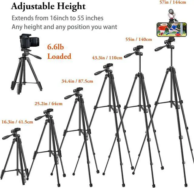 Alt view image 2 of 7 - 55'' Camera Tripod with Travel Bag, Cellphone Tripod with Remote, Aluminum Portable Travel Tripod Stand with Phone Mount for Phone/Camera/Projector/DSLR/SLR