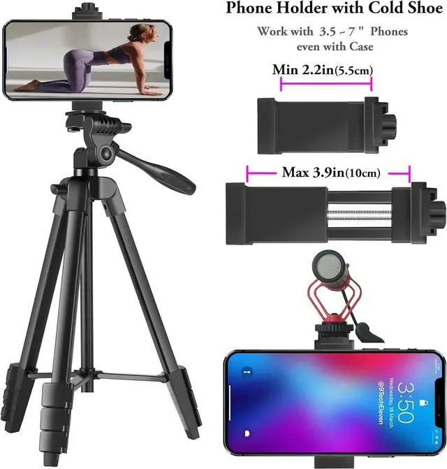 Alt view image 4 of 7 - 55'' Camera Tripod with Travel Bag, Cellphone Tripod with Remote, Aluminum Portable Travel Tripod Stand with Phone Mount for Phone/Camera/Projector/DSLR/SLR