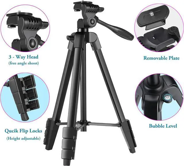 Alt view image 5 of 7 - 55'' Camera Tripod with Travel Bag, Cellphone Tripod with Remote, Aluminum Portable Travel Tripod Stand with Phone Mount for Phone/Camera/Projector/DSLR/SLR