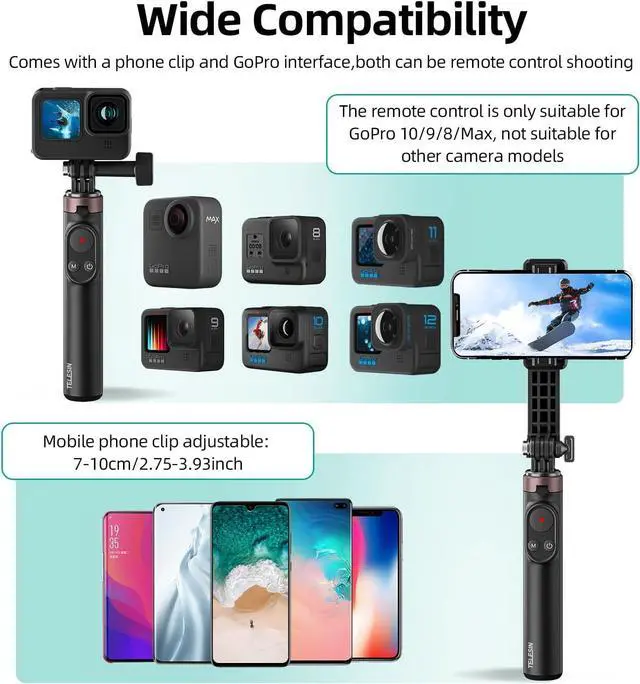 Alt view image 4 of 7 - AFAITH Extendable Selfie Stick Tripod with Remote Control for GoPro Hero 13 12 11 10 9 8 MAX and Smartphone, Stable Portable Pole Monopod with Wireless Bluetooth Remote for GoPro and Smartphone