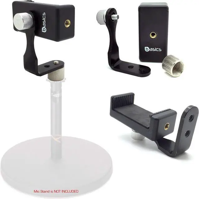 Main image of AccessoryBasics 360° Swivel Smartphone Holder with 5/8" Metal Tripod Microphone Mic Stand Adapter Mount for All Smartphones
