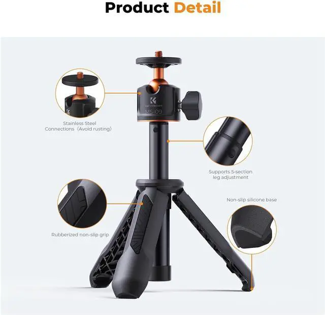 Alt view image 3 of 7 - K&F Concept Selfie Stick Tripod, Handheld Tripod Small Camera Tripod Max Load Capacity 2kg, 1/4" Screw Universal for Sony A1 II A7 IV ZV-1F Canon G7X EOS R5D R6 Mark II DJI OSMO Pocket 3.(Black)