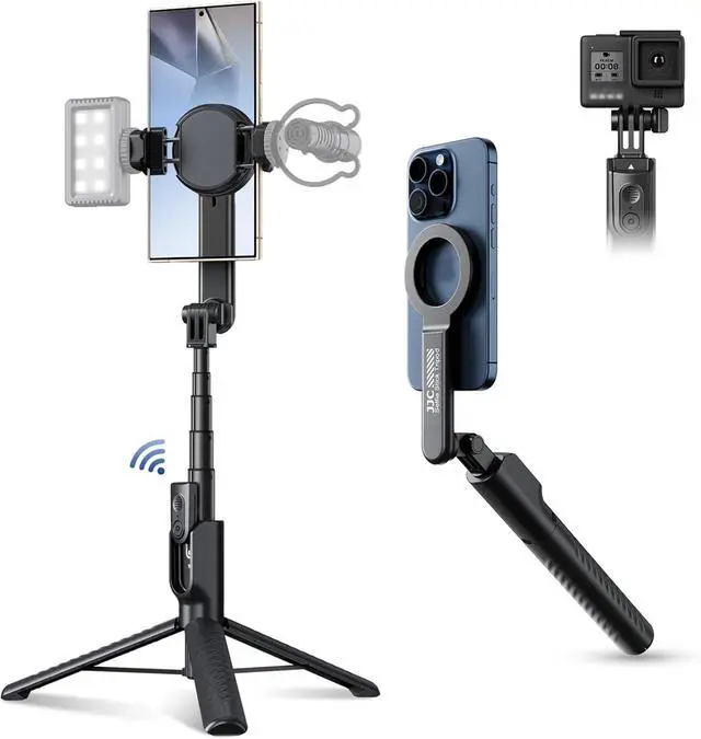 Main image of Magnetic Phone Tripod Selfie Stick, 40.9 Extendable Cell Phone Tripod Stand for iPhone 16 15 14 13 12 MagSafe Phone Case with Clamp & Wireless Remote for Selfie Vlogging Video Recording-Black