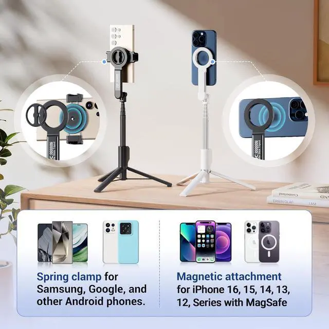 Alt view image 3 of 7 - Magnetic Phone Tripod Selfie Stick, 40.9" Extendable Cell Phone Tripod Stand for iPhone 17 16 15 14 13 12 MagSafe Phone Case with Clamp & Wireless Remote for Selfie Vlogging Video Recording-White