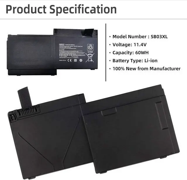 Alt view image 2 of 6 - SB03 SB03XL Laptop Battery Replacement Compatible with Hp Elitebook 720 725 820 825 G1/G2 Series, SB03046XL E7U25AA HSTNN-L13C HSTNN-IB4T HSTNN-IB4S HSTNN-LB4T 716726-421 717378-001 11.4V 46Wh