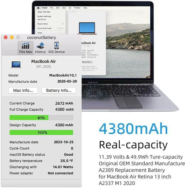 Alt view image 2 of 7 - A2337 Battery Replacement, A2389 Battery for MacBook Air 13 inch 2020 M1 Model A2337 EMC 3589 Identifier MacBookAir10,1 Capacity 11.39V 49.9Wh 4380mAh