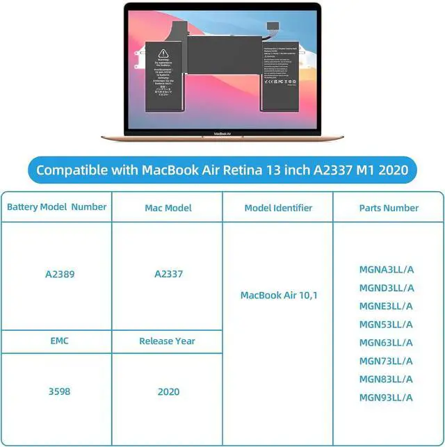 Alt view image 3 of 7 - A2337 Battery Replacement, A2389 Battery for MacBook Air 13 inch 2020 M1 Model A2337 EMC 3589 Identifier MacBookAir10,1 Capacity 11.39V 49.9Wh 4380mAh