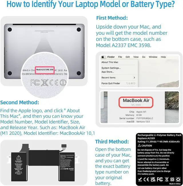 Alt view image 5 of 7 - A2337 Battery Replacement, A2389 Battery for MacBook Air 13 inch 2020 M1 Model A2337 EMC 3589 Identifier MacBookAir10,1 Capacity 11.39V 49.9Wh 4380mAh