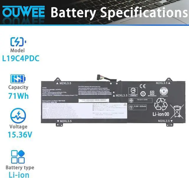 Alt view image 2 of 5 - L19C4PDC L19M4PDC L19L4PDC Laptop Battery Replacement for Lenovo Ideapad Yoga 7i 2020 2021 2022 7-14ITL5 7-15ITL5 7-14ACN6 7-14ARB7 Series 5B10Z26479 SB10Z26481 5B10Z26482 15.36V 71Wh 4622mAh