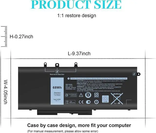 Alt view image 3 of 7 - 68WH GJKNX Battery Replacement for Dell Latitude 5480 5580 5490 5491 5580 5590 5591 5280 5288 5488 5495 E5480 E5580 E5490 E5590 Precision 15 3520 3530 Series GD1JP DY9NT 5YHR4 451-BBZG 7.6V 4-Cell