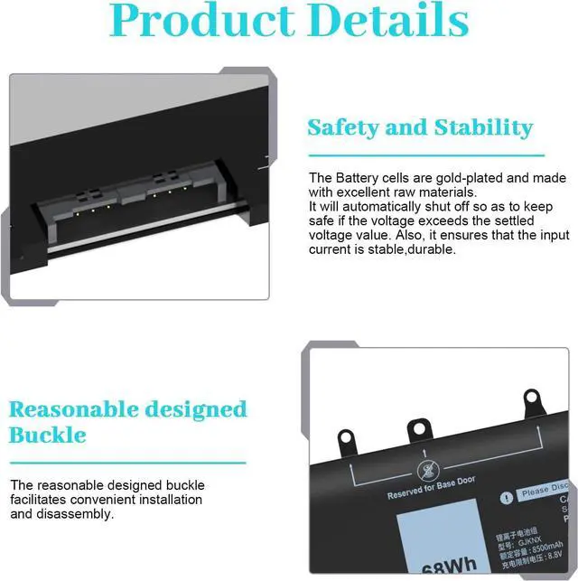 Alt view image 4 of 7 - 68WH GJKNX Battery Replacement for Dell Latitude 5480 5580 5490 5491 5580 5590 5591 5280 5288 5488 5495 E5480 E5580 E5490 E5590 Precision 15 3520 3530 Series GD1JP DY9NT 5YHR4 451-BBZG 7.6V 4-Cell