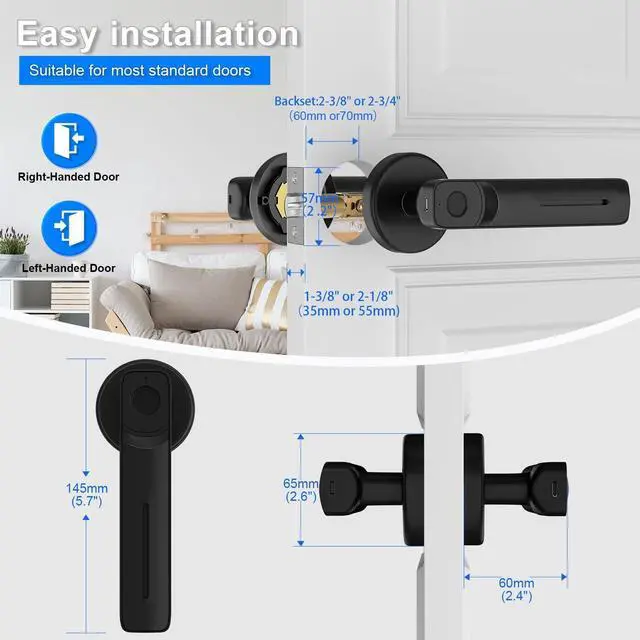 Alt view image 5 of 6 - Fingerprint Door Lock with Smart APP,Fingerprint Door Knob,Biometric Door Knob Keyless Entry Door Lock with Tuya for Home/Bedroom/Office/Apartment/Airbnb Black