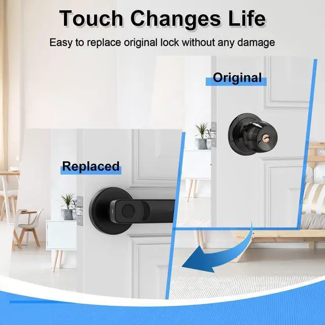 Alt view image 6 of 6 - Fingerprint Door Lock with Smart APP,Fingerprint Door Knob,Biometric Door Knob Keyless Entry Door Lock with Tuya for Home/Bedroom/Office/Apartment/Airbnb Black