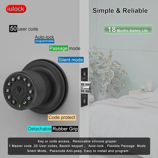 Alt view image 2 of 6 - Keypad & Key Smart Door Lock, 50 User Codes, Waterproof, Auto Lock - Matte Black