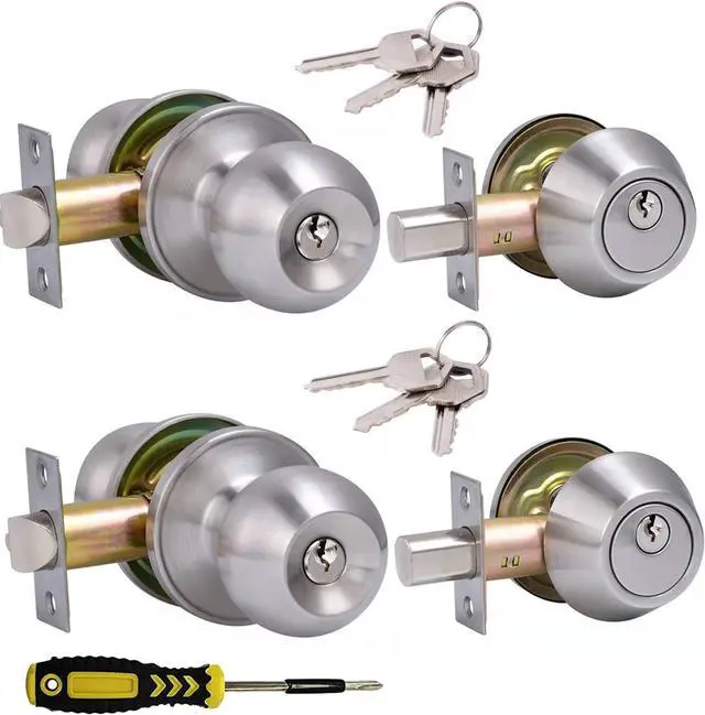Main image of 2 Sets All Keyed Same Entry Door Knob and Single Cylinder Deadbolt Combo Set, Round Ball Satin Nickel Exterior Door Knobs with Lock and Keys for Entrance and Front Door