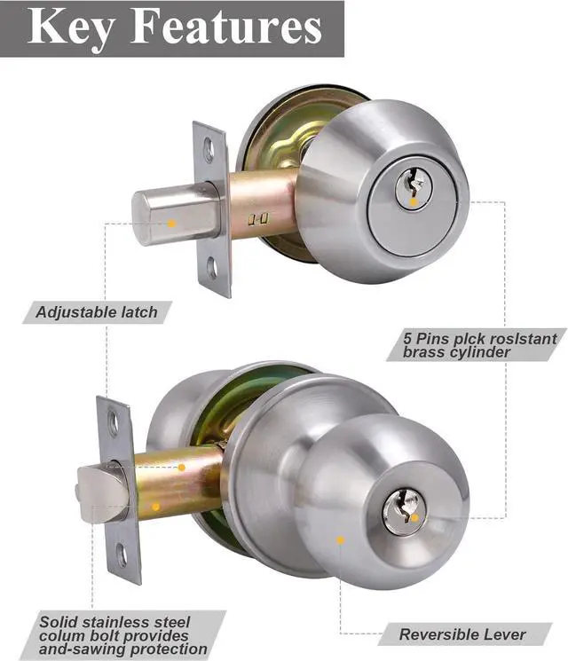 Alt view image 3 of 7 - 2 Sets All Keyed Same Entry Door Knob and Single Cylinder Deadbolt Combo Set, Round Ball Satin Nickel Exterior Door Knobs with Lock and Keys for Entrance and Front Door