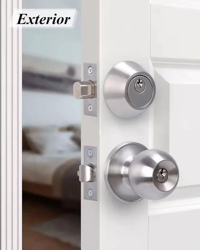 Alt view image 7 of 7 - 2 Sets All Keyed Same Entry Door Knob and Single Cylinder Deadbolt Combo Set, Round Ball Satin Nickel Exterior Door Knobs with Lock and Keys for Entrance and Front Door