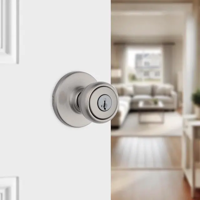 Alt view image 2 of 7 - Kwikset Tylo Entry Door Knob with Lock and Key, Secure Keyed Handle Exterior, Front Entrance and Bedroom, Satin Nickel, Pick Resistant SmartKey Rekey Security and Microban