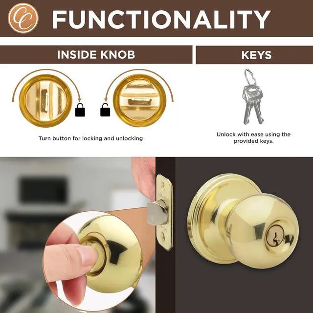 Alt view image 2 of 6 - Copper Creek BK2040PB Ball Door Knob, Keyed Entry Function, 1 Pack, in Polished Brass