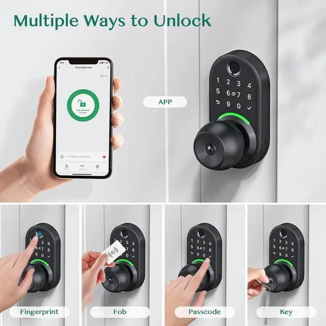 Alt view image 2 of 6 - Keypad Smart Door Lock with Knob, Yamiry Keyless Entry Digital Lock with Handle, Fingerprint Electronic Knob for Front Door, Generate Passcode Remotely, Easy Installation