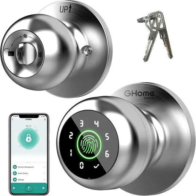 Main image of GHome Smart Fingerprint Door Lock, Fingerprint Door Knob with Keypad & App Control & Keys, Auto-Lock, Door Locks for Bedroom/Home/Garage/Apartment/Office, Local Data Storage