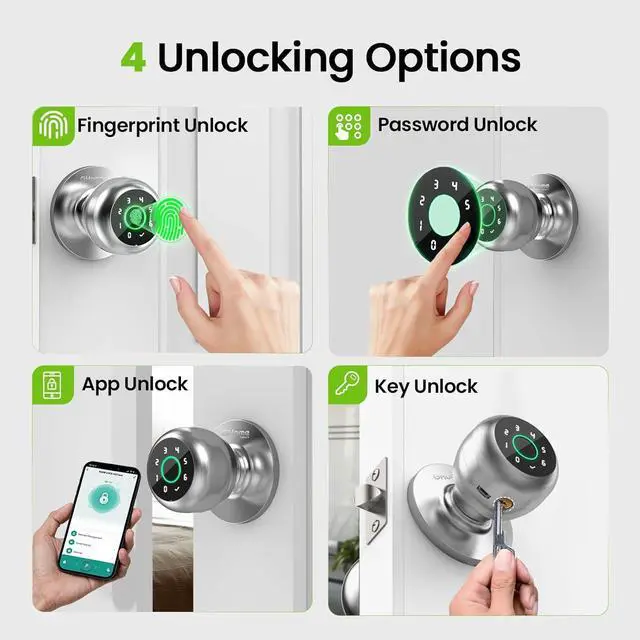 Alt view image 2 of 7 - GHome Smart Fingerprint Door Lock, Fingerprint Door Knob with Keypad & App Control & Keys, Auto-Lock, Door Locks for Bedroom/Home/Garage/Apartment/Office, Local Data Storage