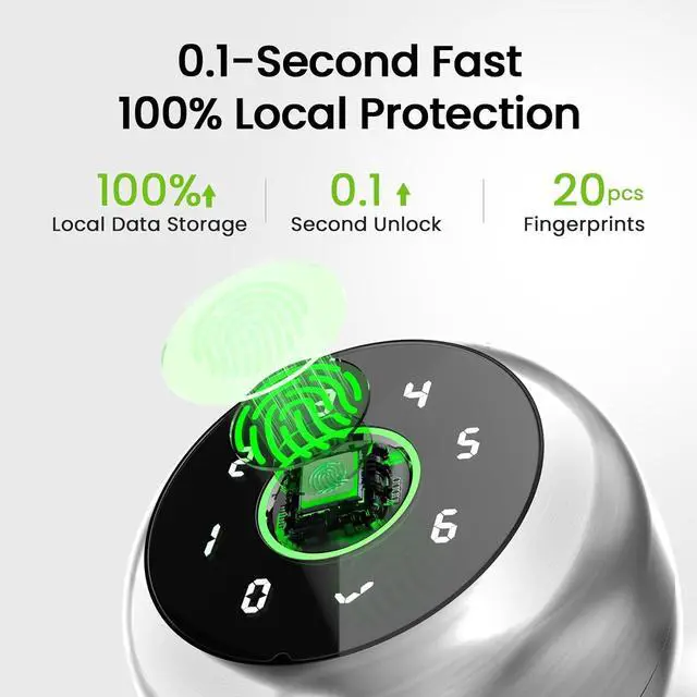 Alt view image 3 of 7 - GHome Smart Fingerprint Door Lock, Fingerprint Door Knob with Keypad & App Control & Keys, Auto-Lock, Door Locks for Bedroom/Home/Garage/Apartment/Office, Local Data Storage