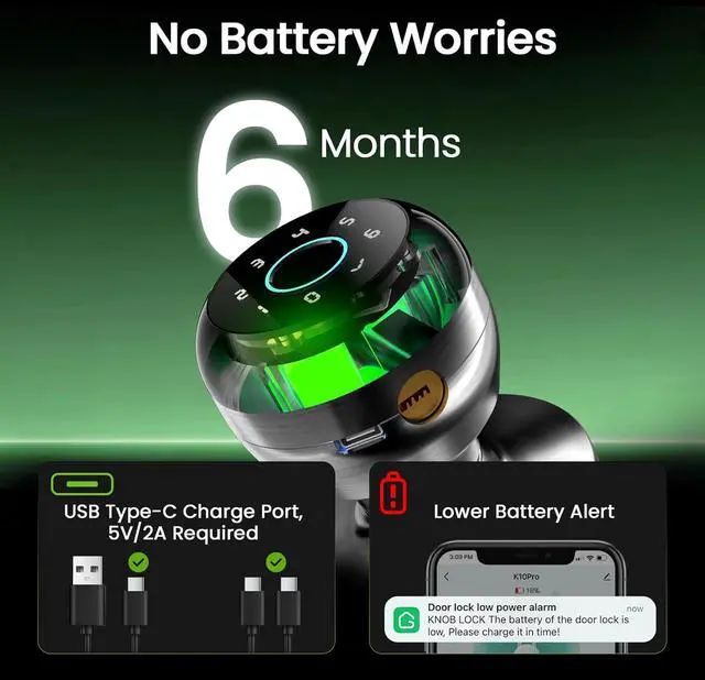 Alt view image 6 of 7 - GHome Smart Fingerprint Door Lock, Fingerprint Door Knob with Keypad & App Control & Keys, Auto-Lock, Door Locks for Bedroom/Home/Garage/Apartment/Office, Local Data Storage